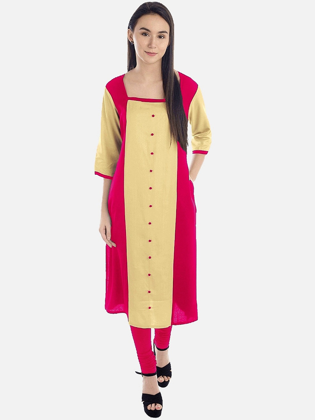 

KALINI Fuchsia Colourblocked Square Neck Straight Panelled Kurta