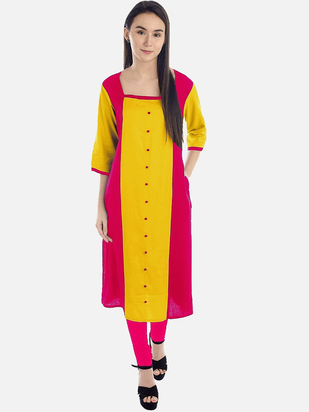 

KALINI Women Fuchsia Pink & Yellow Paneled Kurta