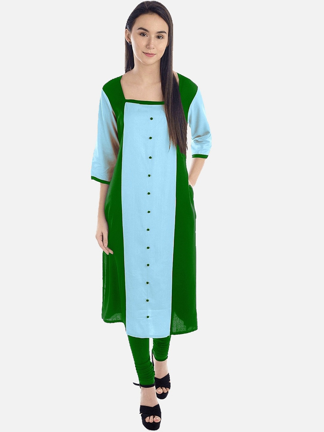 

KALINI Green Colourblocked Square Neck Straight Panelled Kurta