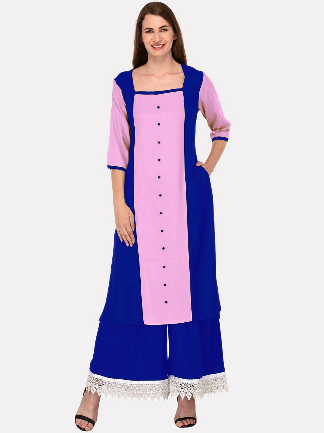 

KALINI Women Navy Blue Colourblocked Panelled Kurta
