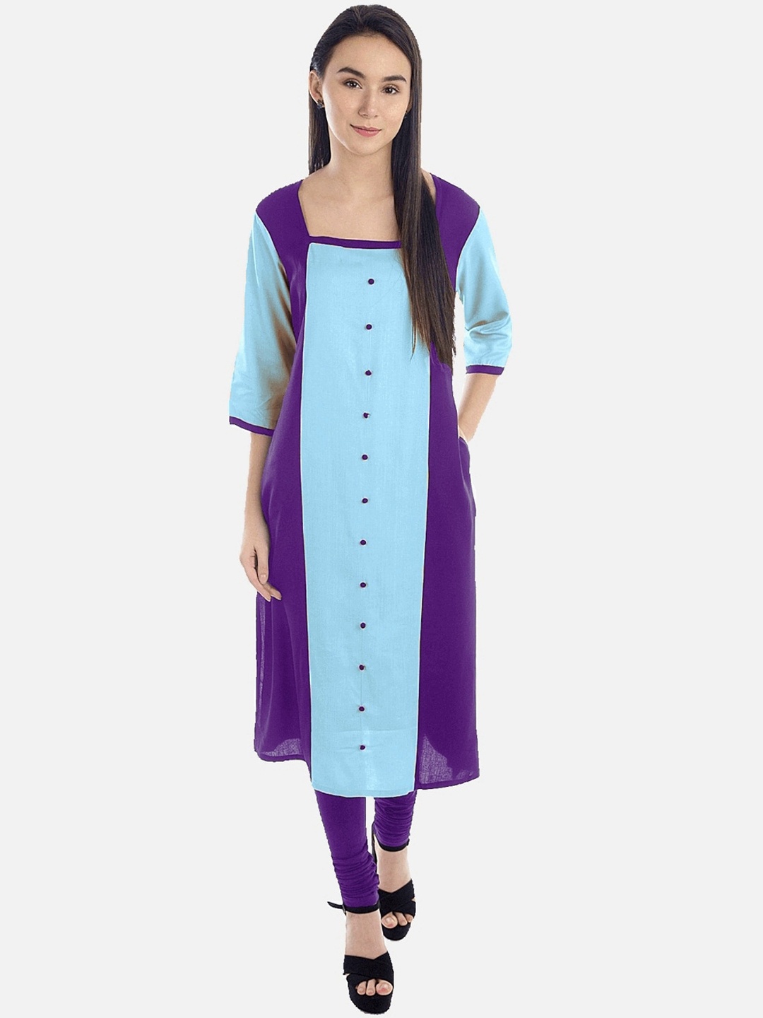 

KALINI Purple Colourblocked Square Neck Straight Panelled Kurta