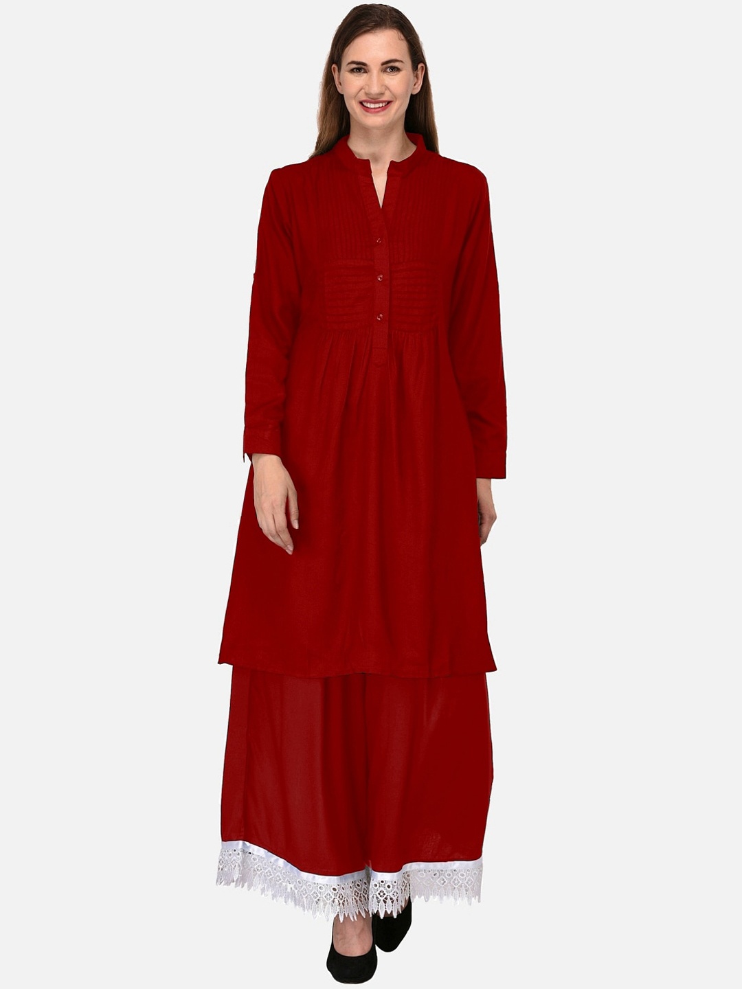 

KALINI Maroon A-line Pleated Thread Work Kurta