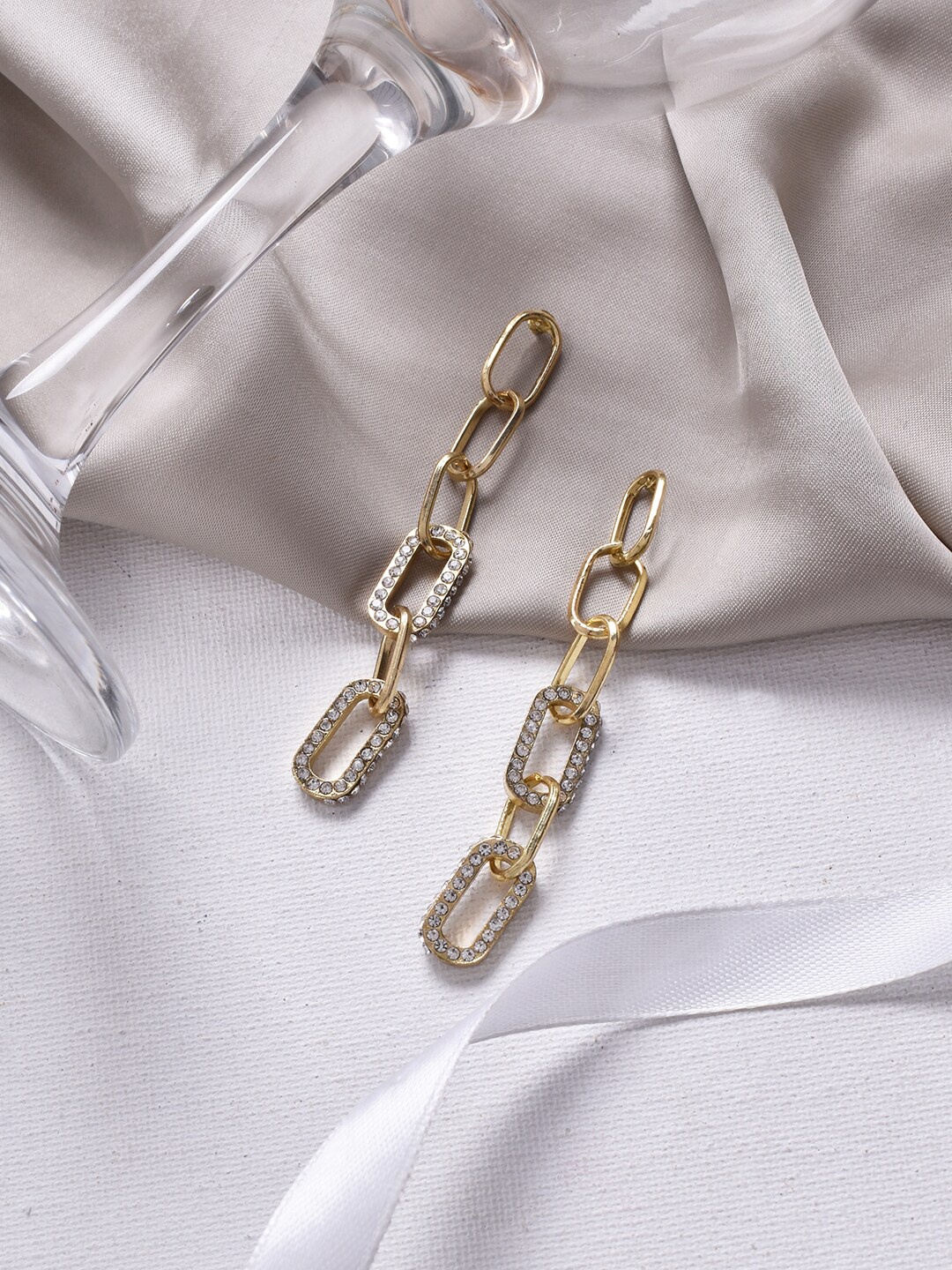 

JOKER & WITCH Gold-Toned & White Stone-Studded Contemporary Link-It Drop Earrings