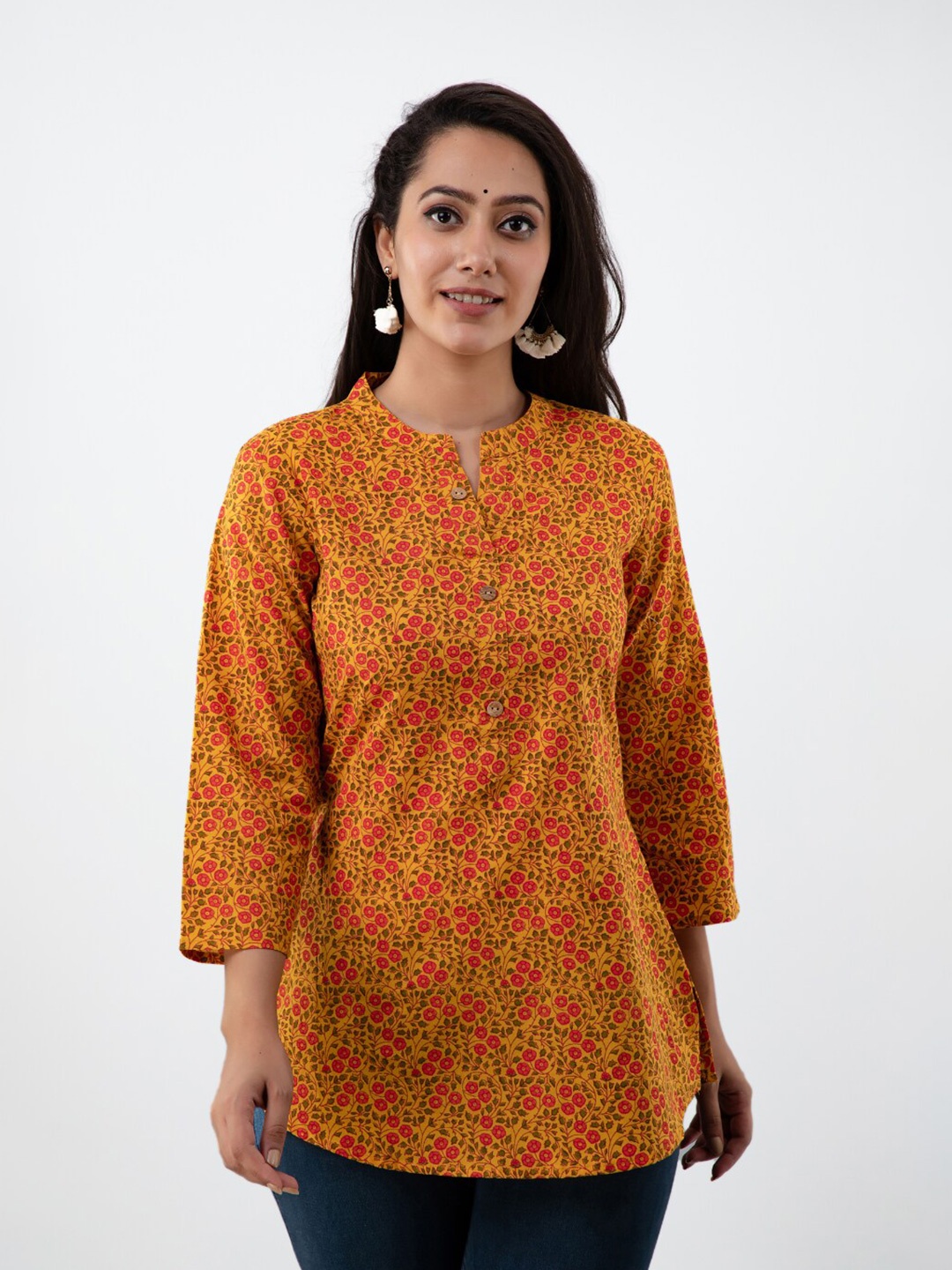 

KALINI Mustard & Pink Mandarin Collar Printed Tunic