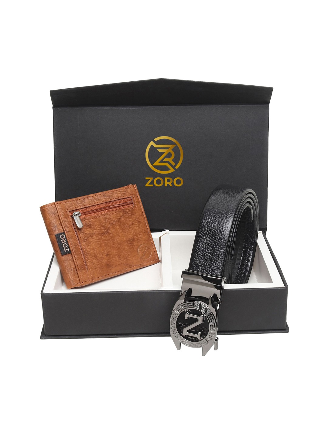

ZORO Men Black & Tan Brown Belt & Wallet Set