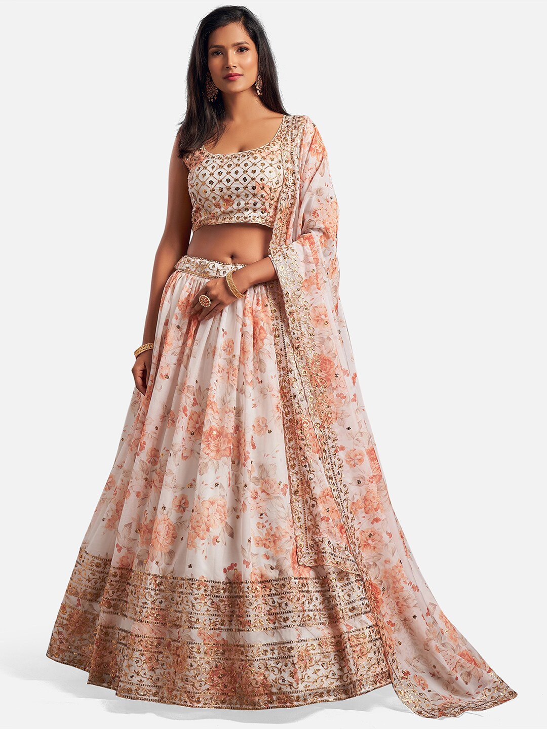 

SHOPGARB White & Orange Embellished Sequinned Semi-Stitched Lehenga & Unstitched Blouse With Dupatta