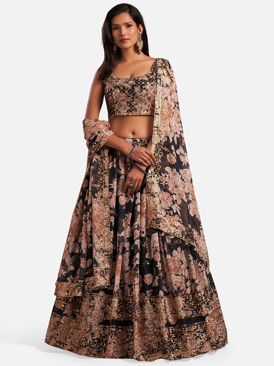 

SHOPGARB Women Black Floral Printed & Embellished Semi-Stitched Lehenga Choli with Dupatta