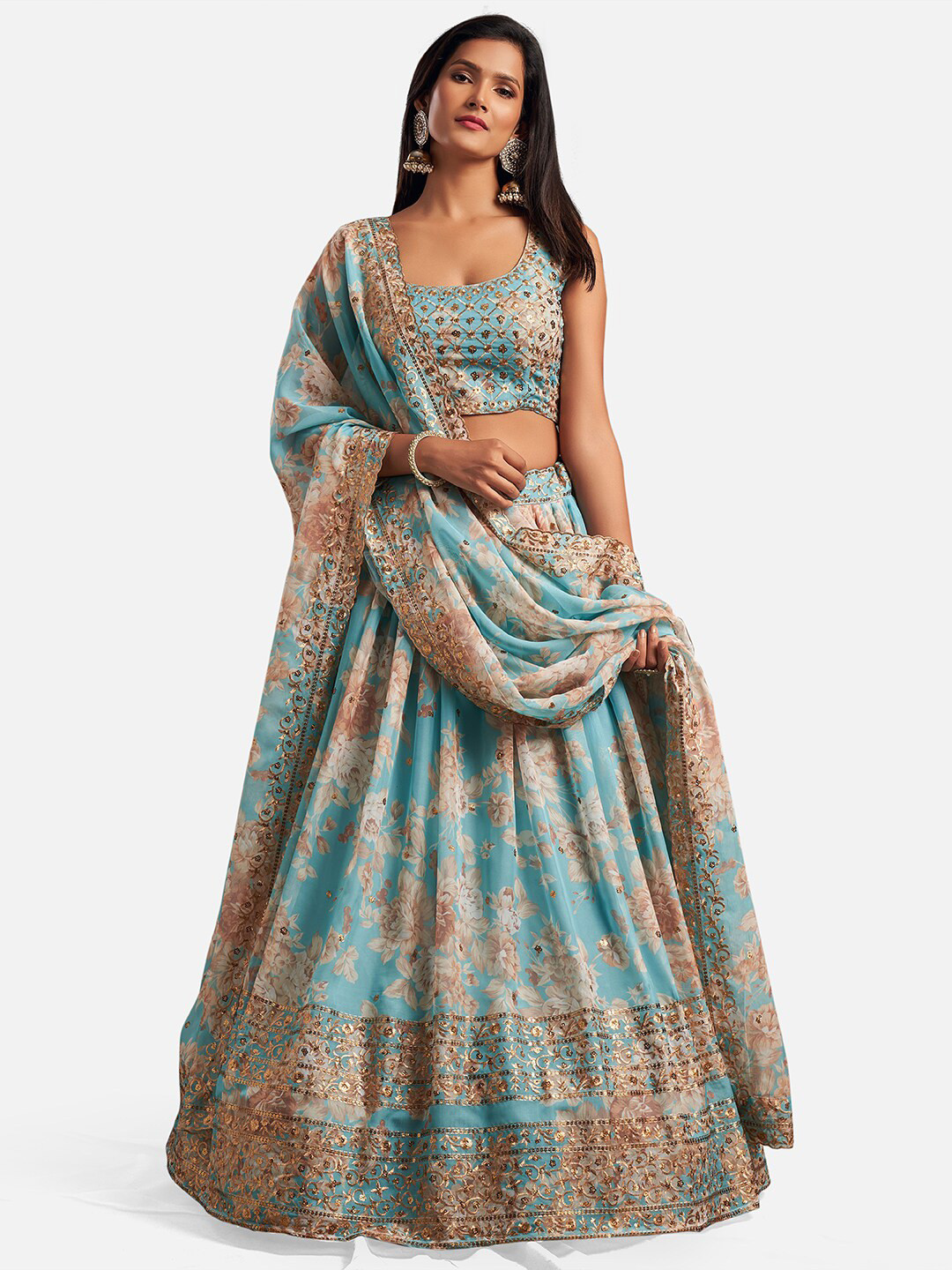 

SHOPGARB Turquoise Blue & Beige Embellished Sequinned Semi-Stitched Lehenga & Unstitched Blouse With Dupatta