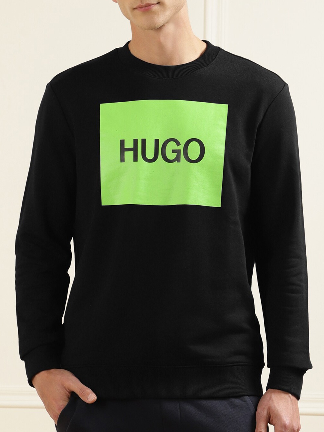 

HUGO Men Black & Fluorescent Green Brand Logo Printed Pure Cotton Sweatshirt