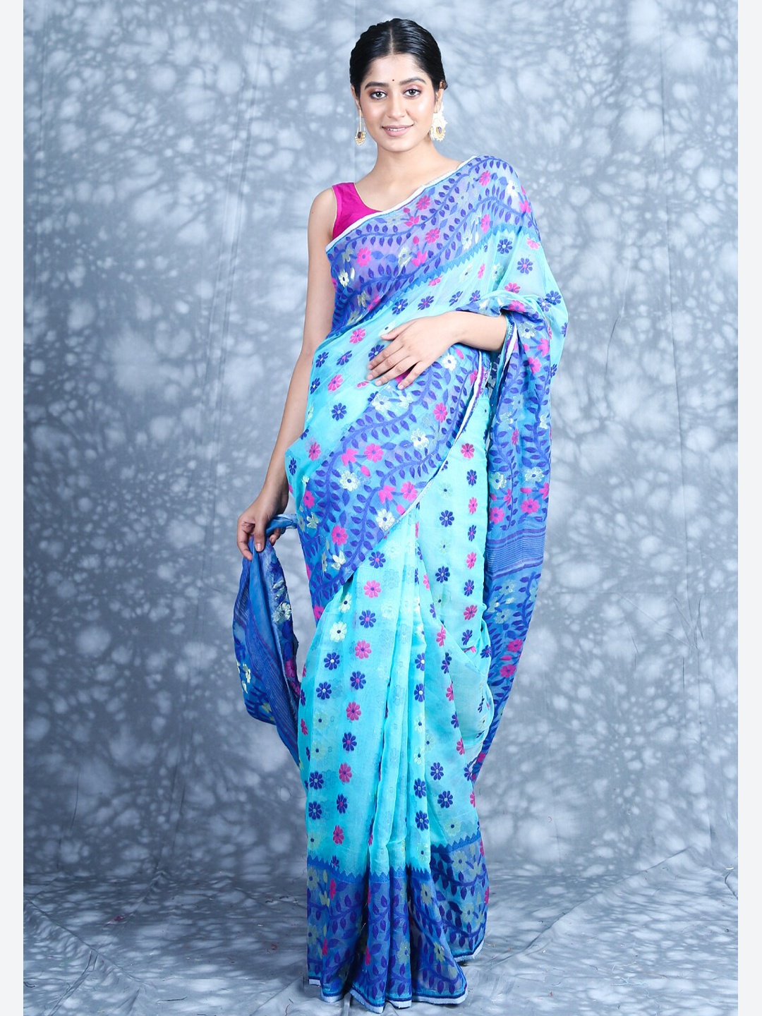 

Charukriti Blue & Pink Ethnic Motifs Silk Cotton Jamdani Saree