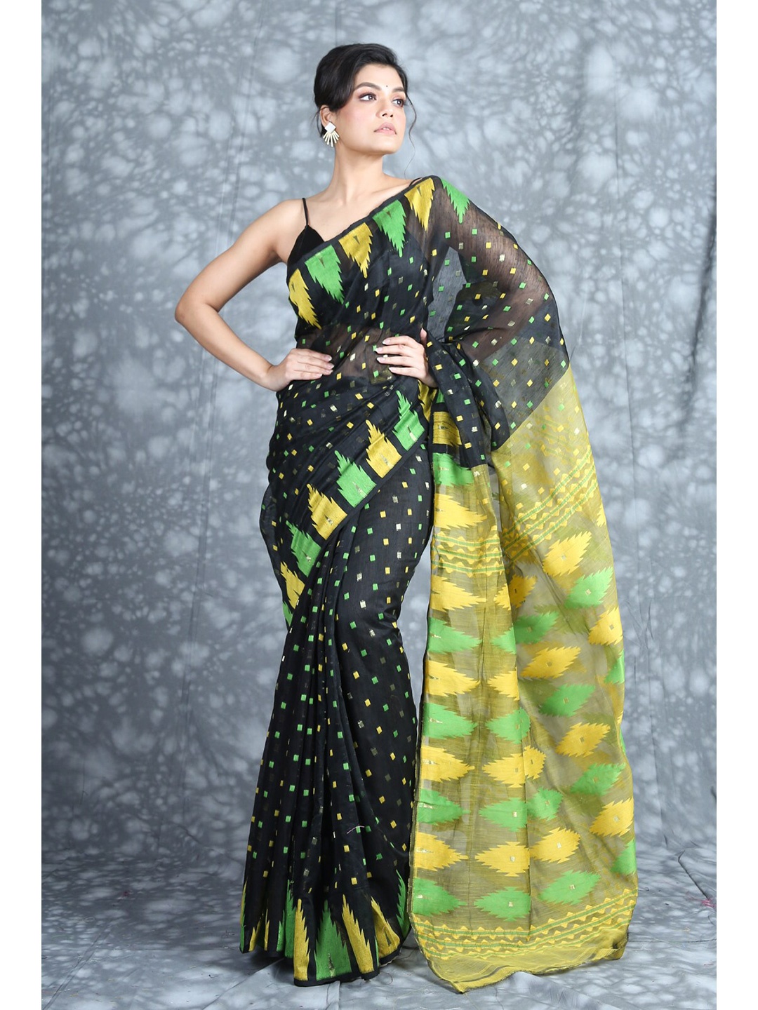 

Charukriti Black & Yellow Woven Design Zari Silk Cotton Jamdani Saree