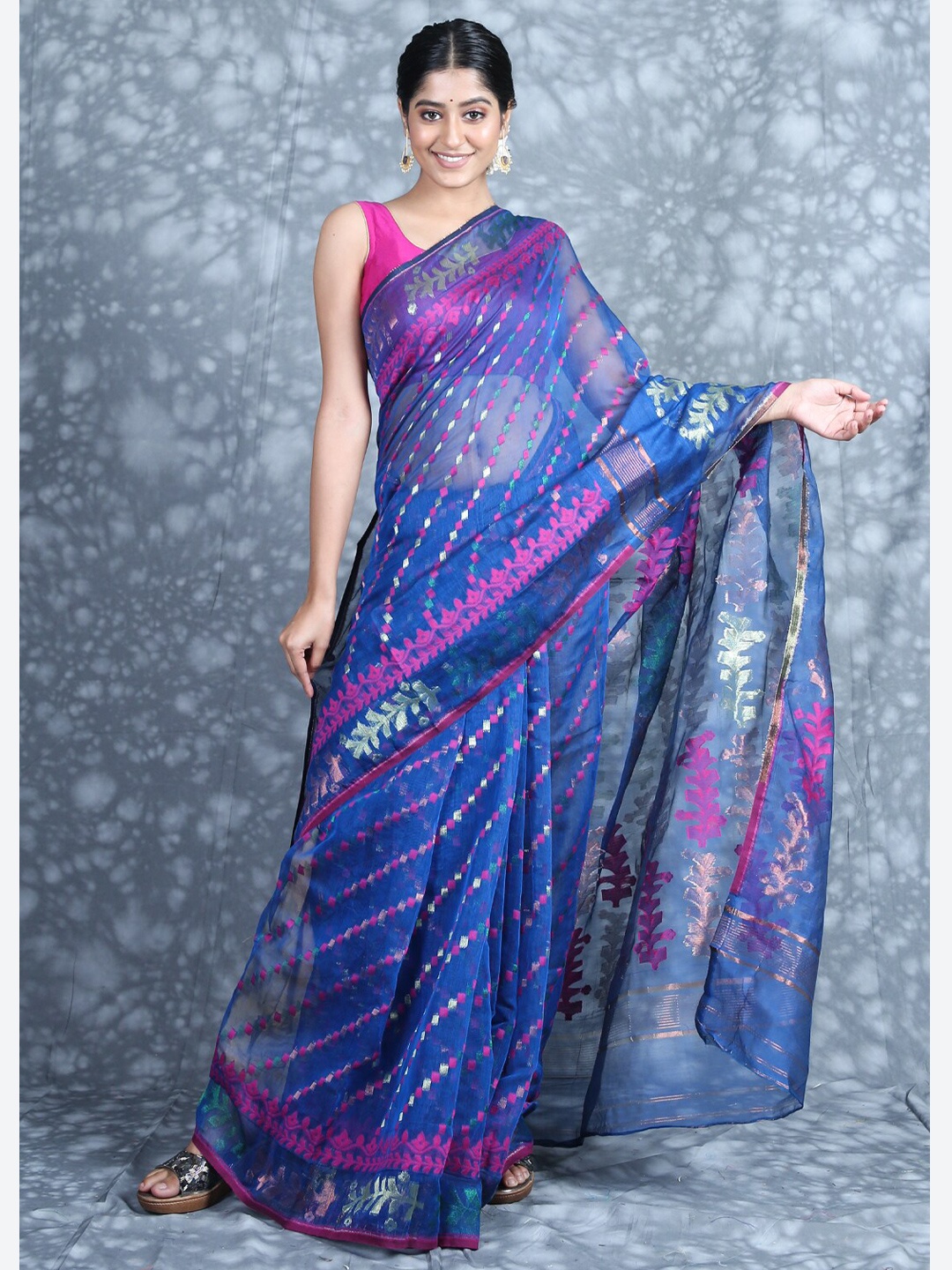 

Charukriti Blue & Magenta Woven Design Saree