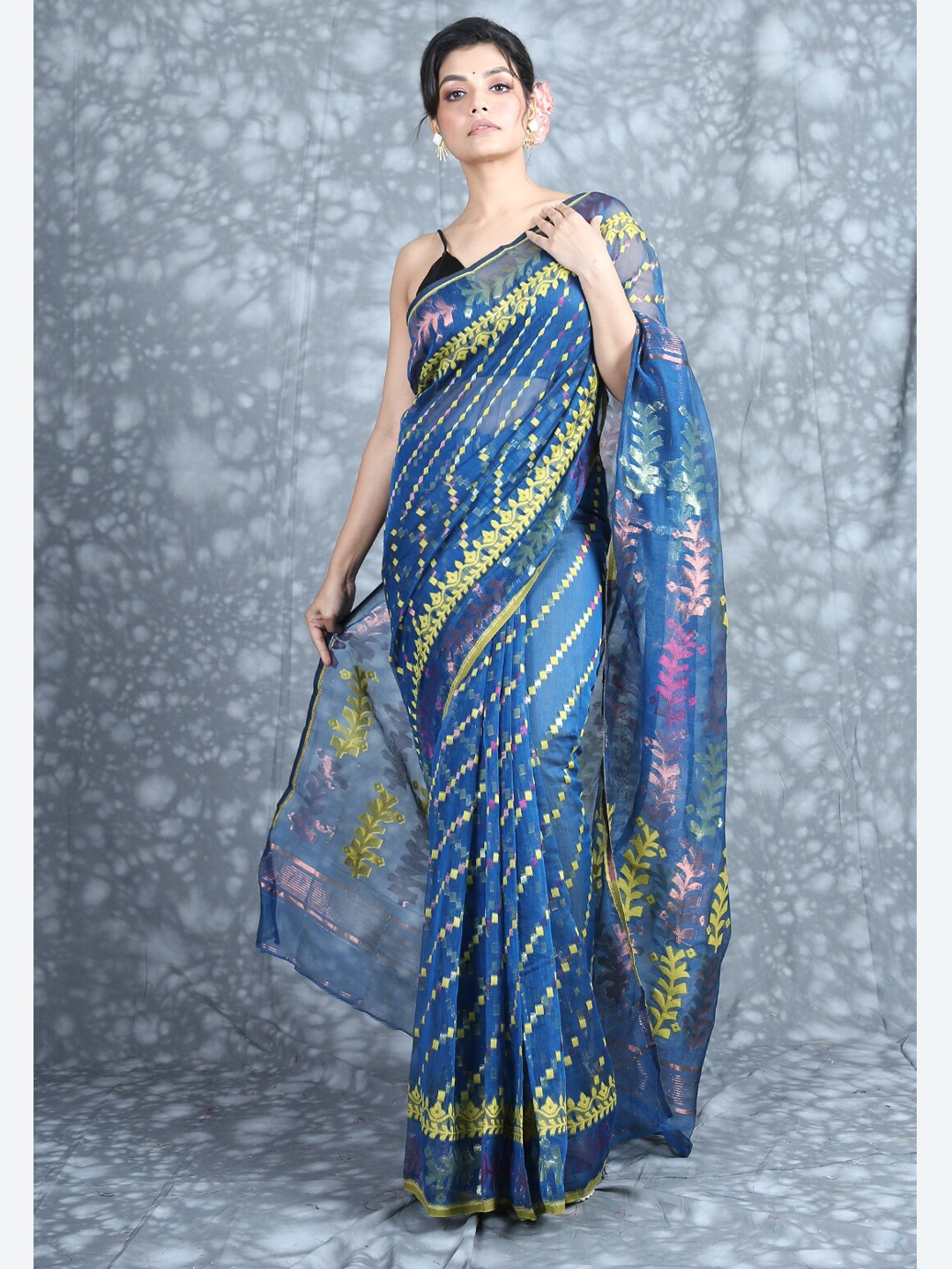 

Charukriti Blue & Lime Green Woven Design Silk Cotton Jamdani Saree