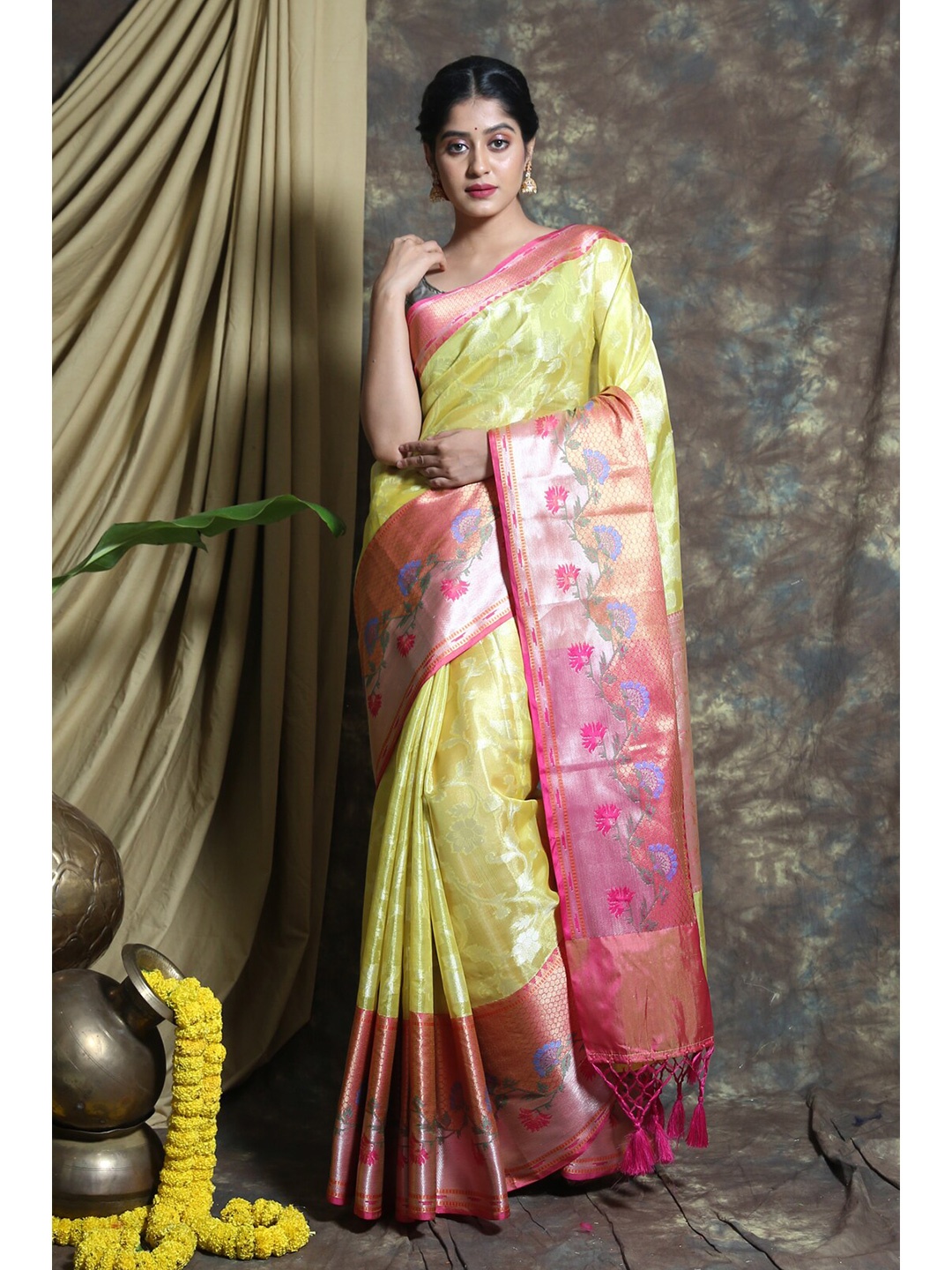 

Charukriti Yellow & Pink Woven Design Handloom Tissue Saree