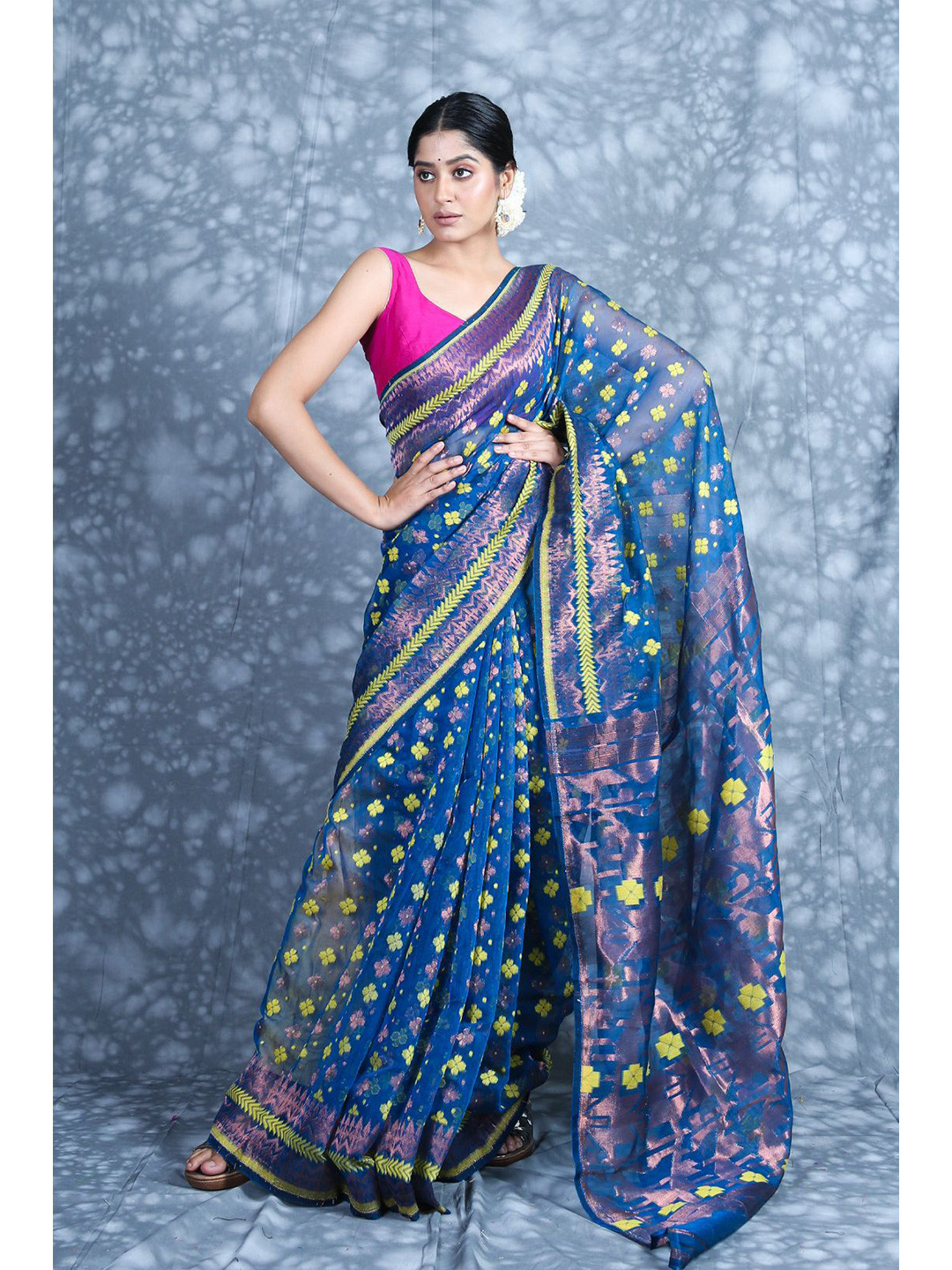 

Charukriti Blue & Yellow Ethnic Motifs Zari Silk Cotton Jamdani Saree