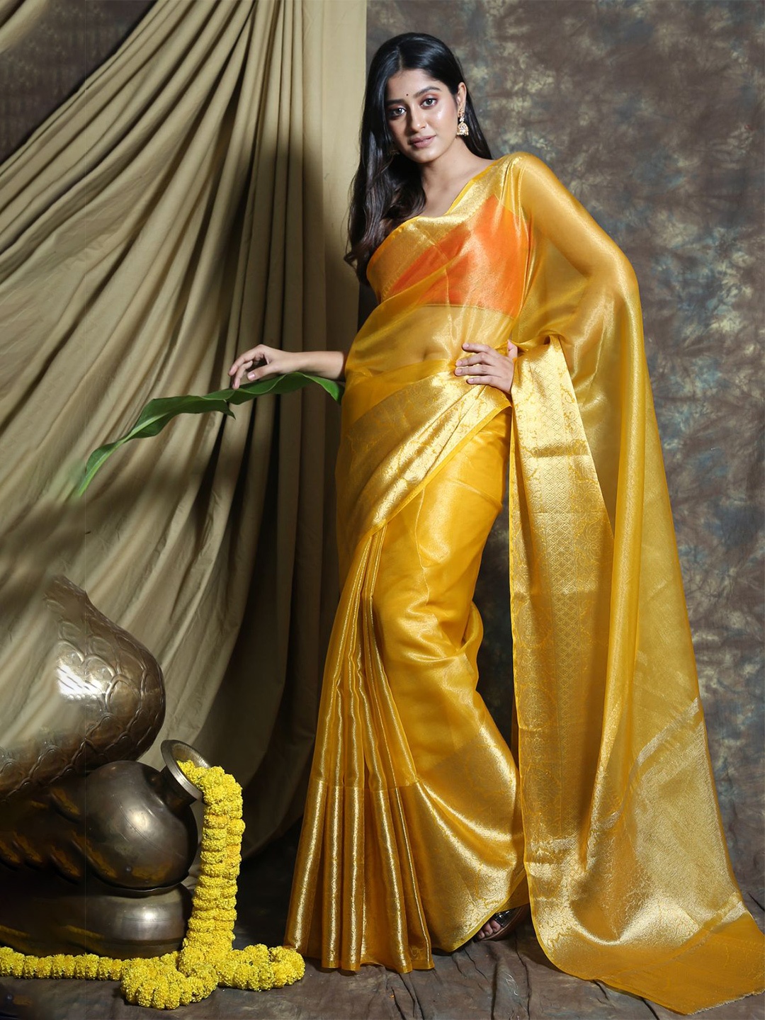 

Charukriti Yellow & Gold-Toned Woven Design Zari Tissue Saree