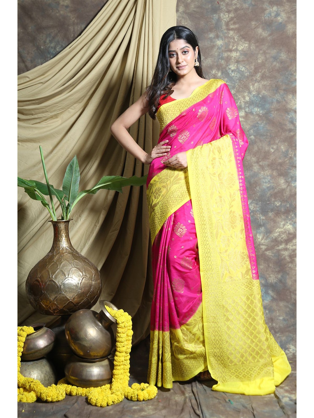 

Charukriti Pink & Yellow Woven Design Pure Silk Saree