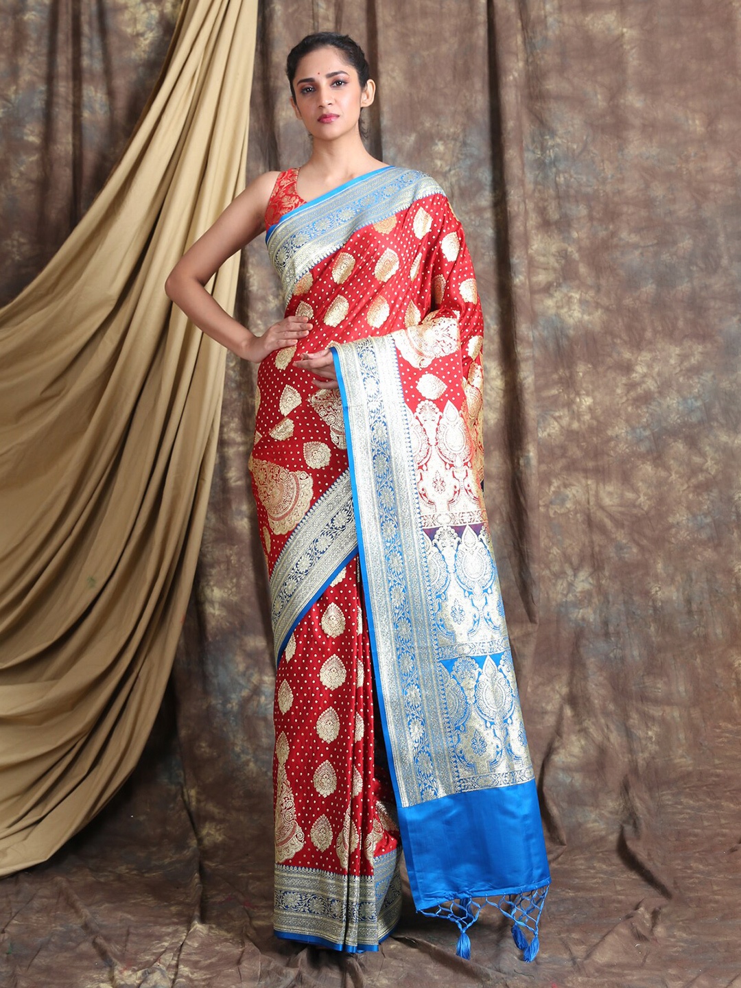 

Charukriti Red & Blue Woven Design Zari Pure Silk Saree