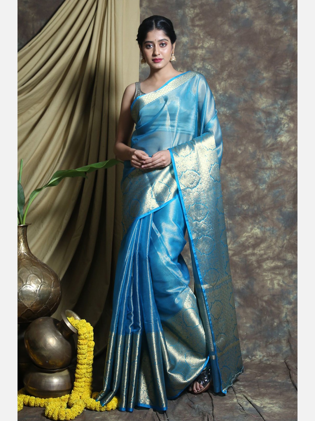

Charukriti Blue Woven Design Tissue Saree