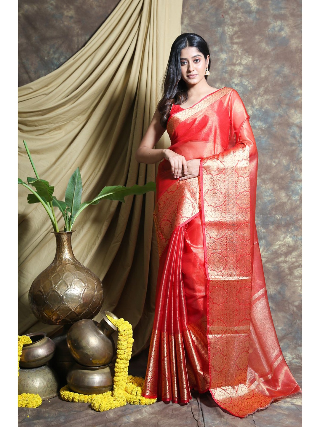 

Charukriti Red & Gold-Toned Woven Design Tissue Saree
