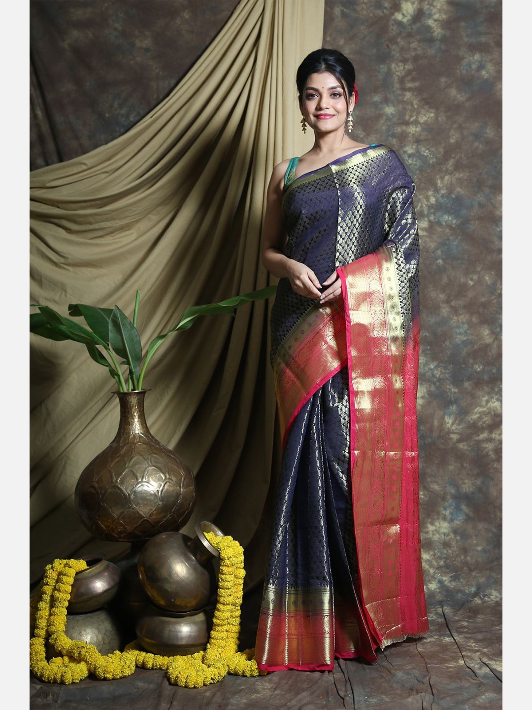 

Charukriti Navy Blue & Pink Ethnic Motifs Zari Pure Silk Banarasi Saree