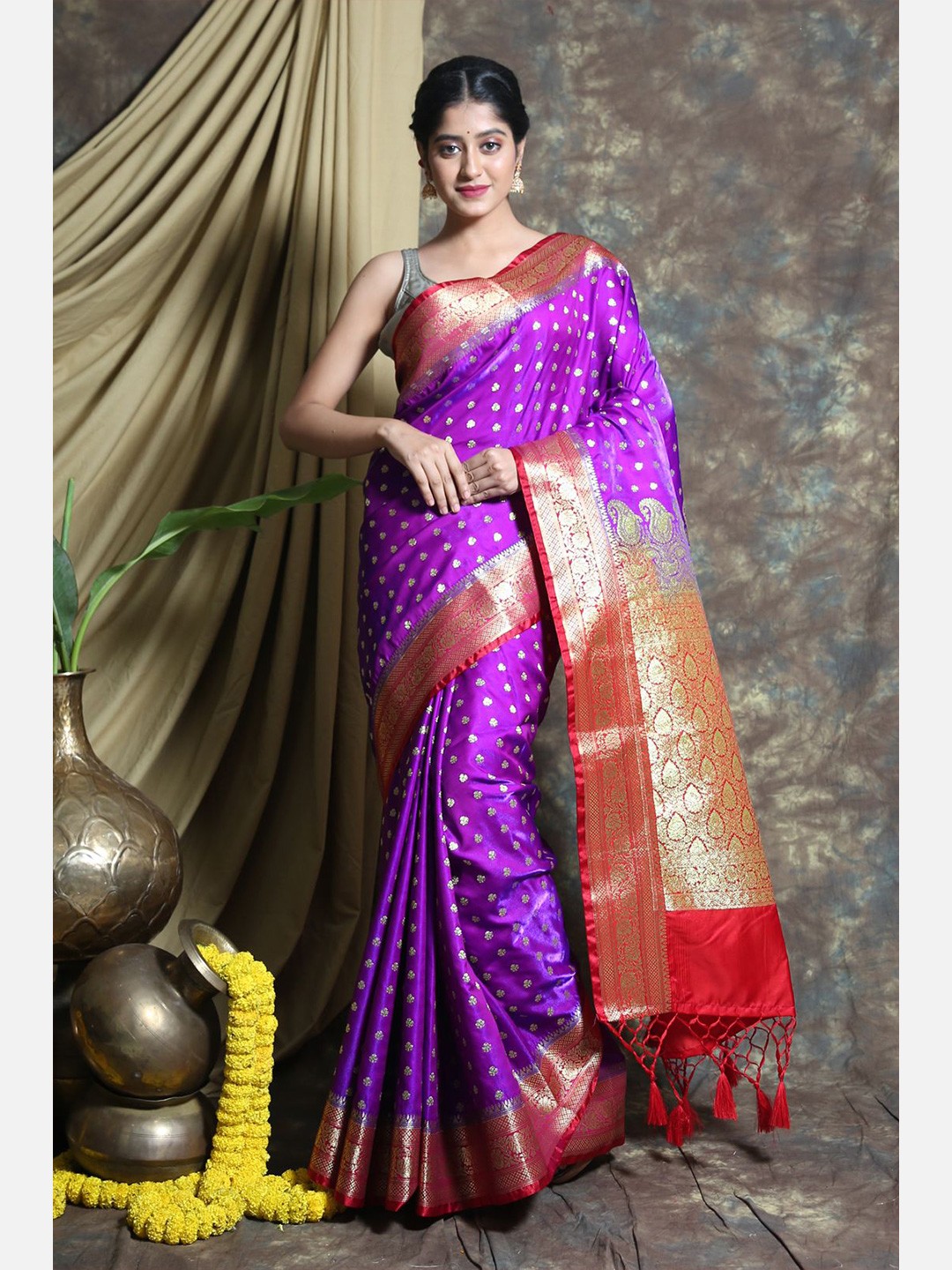 

Charukriti Violet & Red Woven Design Zari Pure Silk Saree