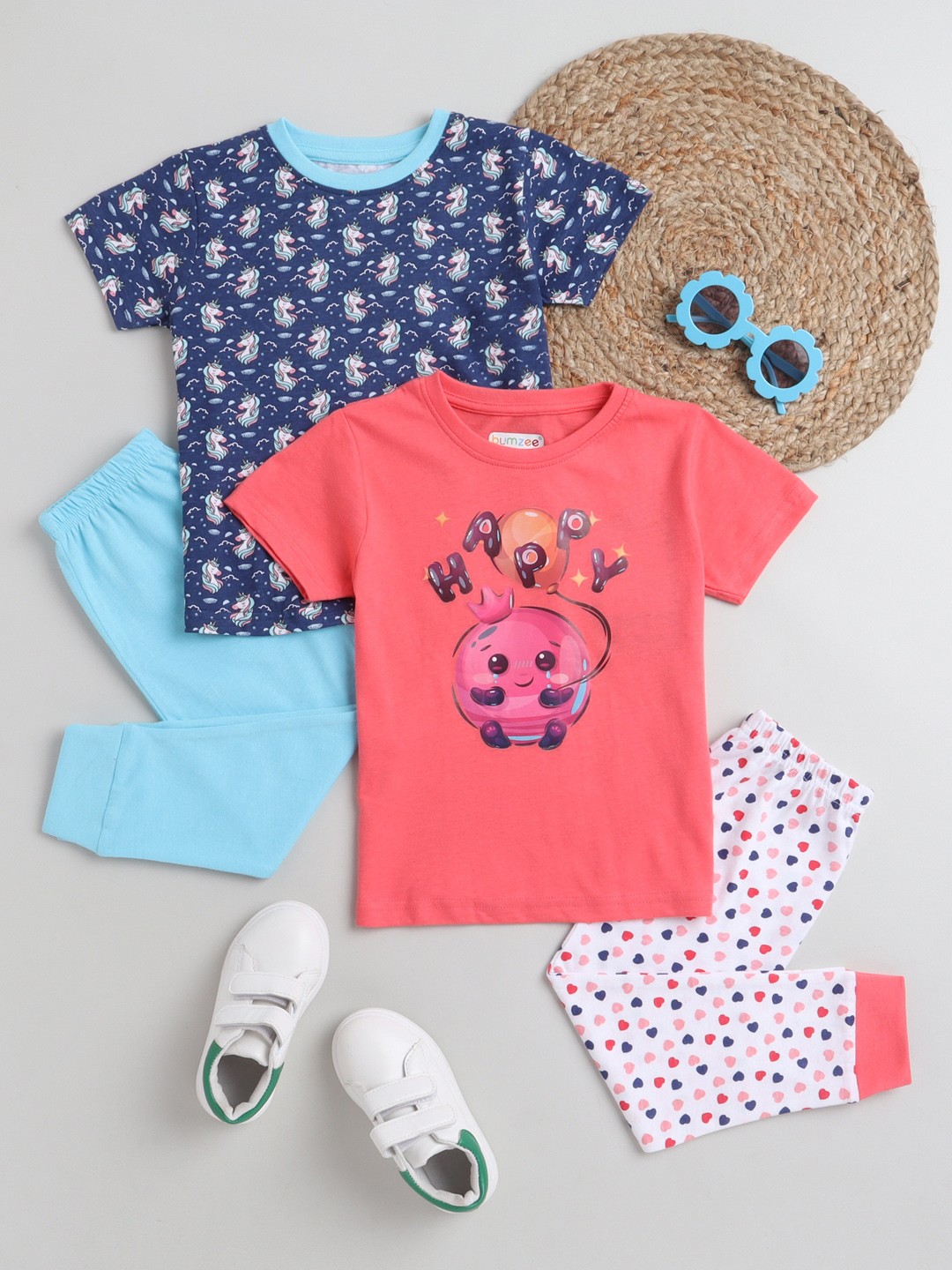 

BUMZEE Girls Pack of 2 Coral & Blue Cotton Night suits
