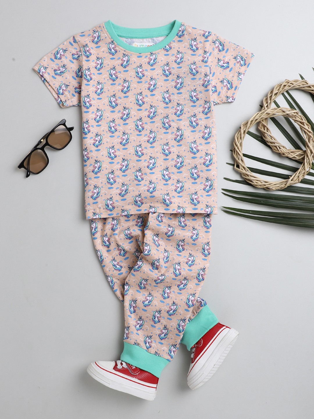 

BUMZEE Girls Peach-Coloured & Blue Printed Cotton Night suit