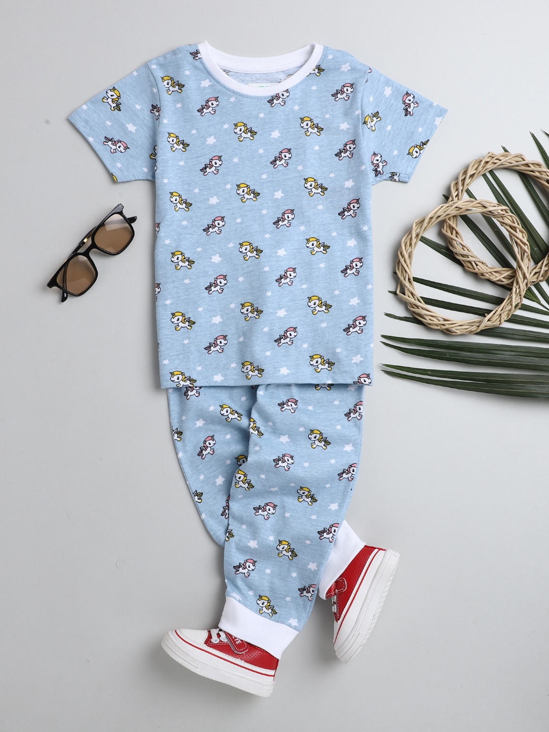 

BUMZEE Girls Blue Printed Pure Cotton Night suit