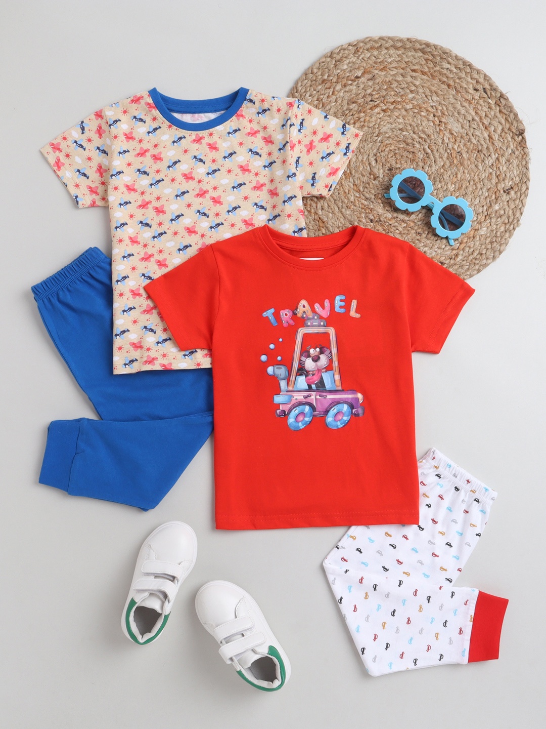 

BUMZEE Boys Pack of 2 Red & Blue Pure Cotton Printed Night suit