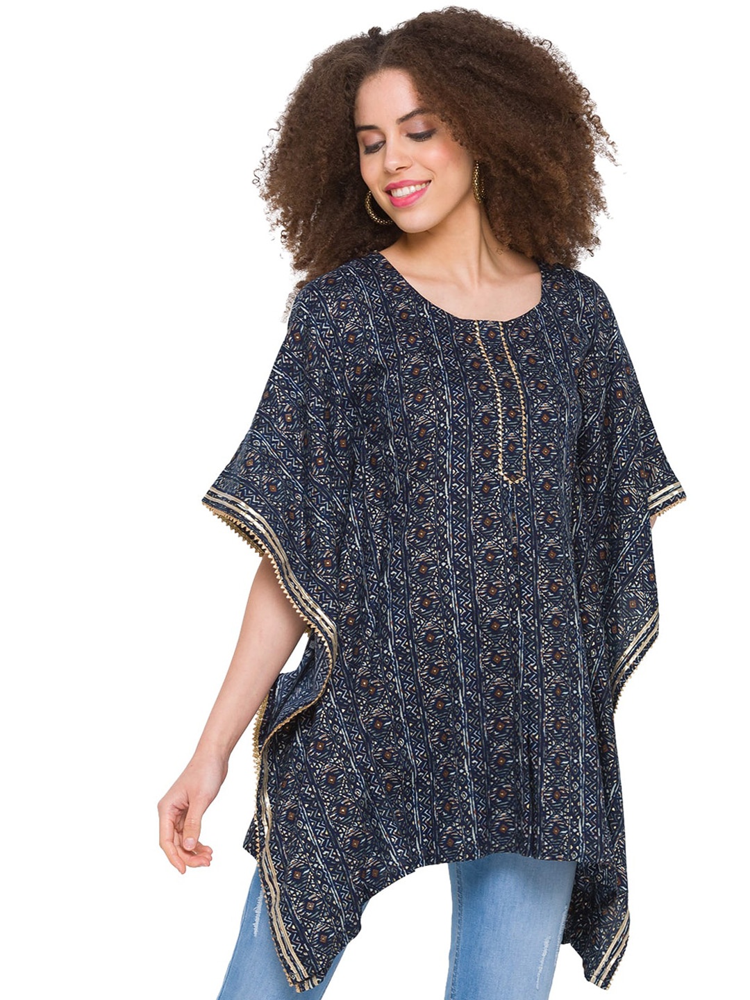 

TANKHI Blue Printed Flared Sleeves Gotta Patti Kaftan Kurti