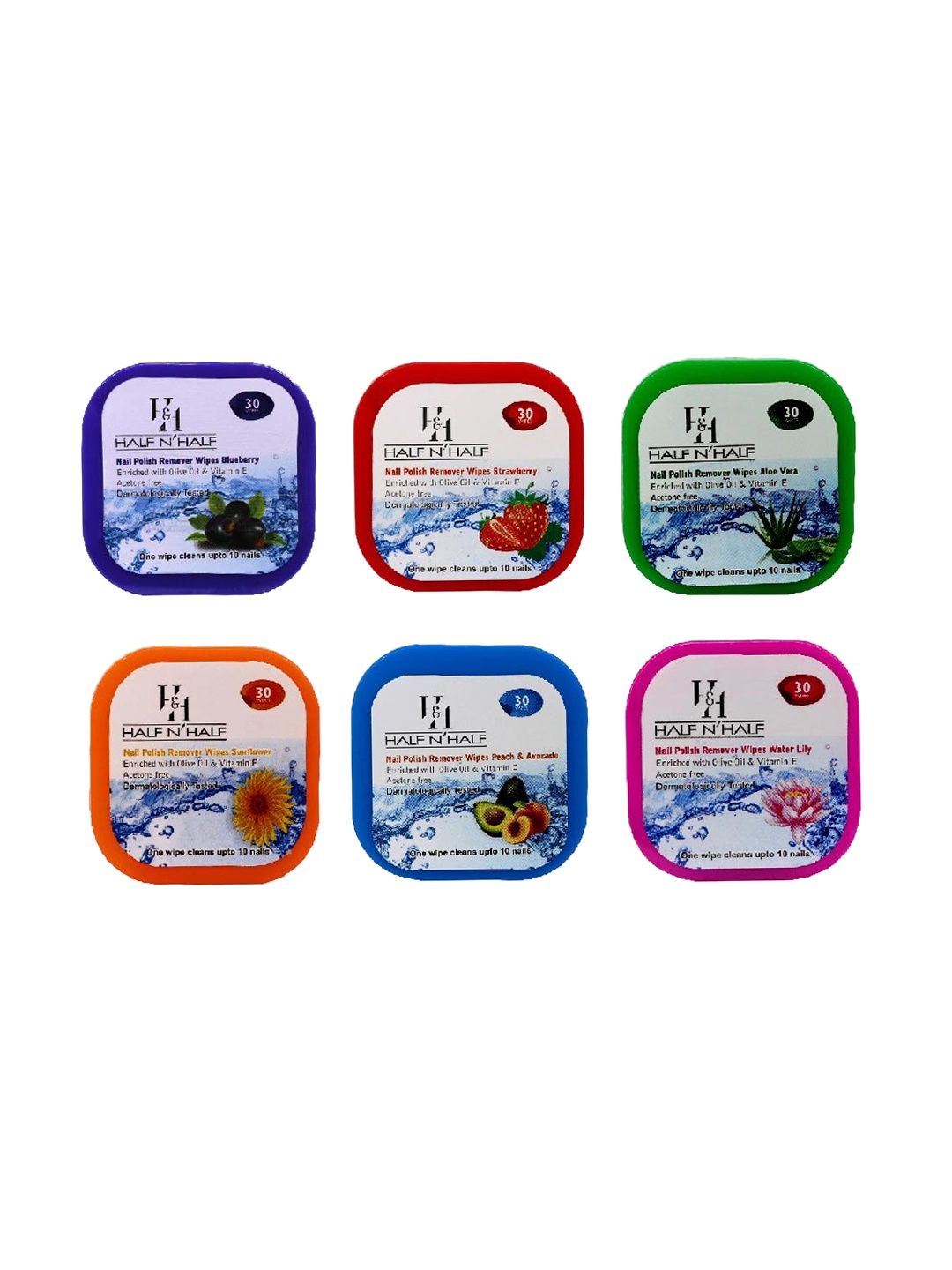 

Half N Half Set of 6 Nail Polish Remover Wipes - 30 Wipes each, Multi