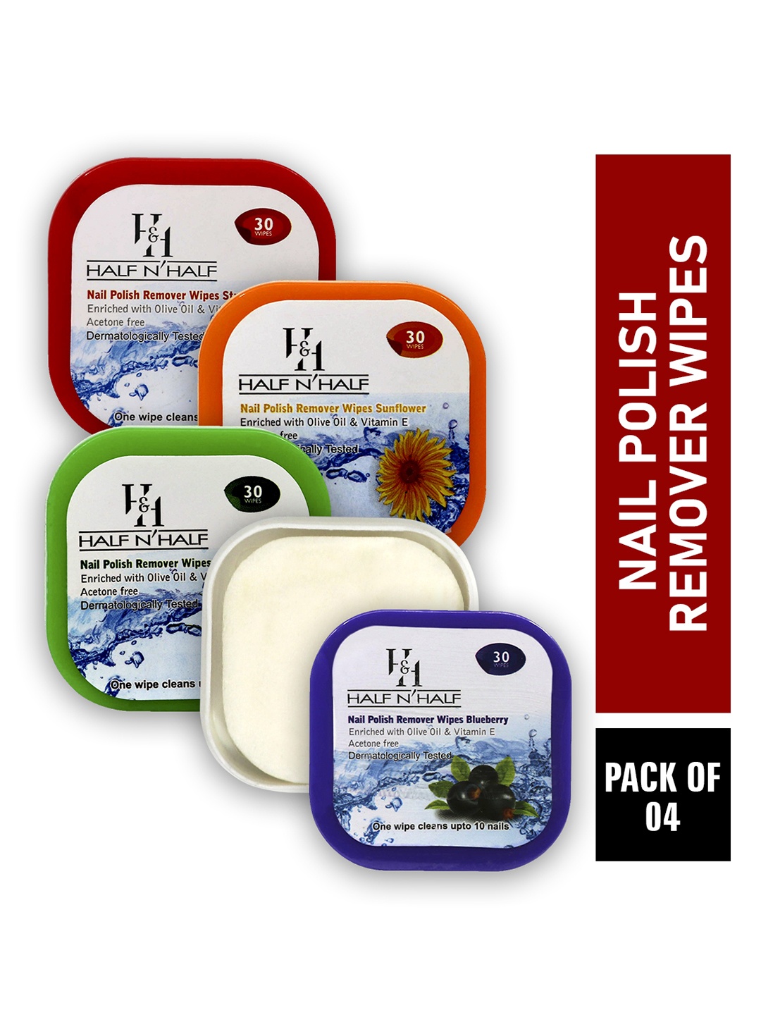 

Half N Half Set of 4 Nail Polish Remover Wipes - 30 Wipes each, Multi