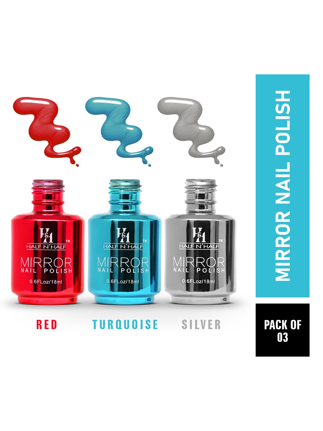 

Half N Half Set of 3 Half Mirror Nail Polish - A-Red, A-Silver & A-Turquoise