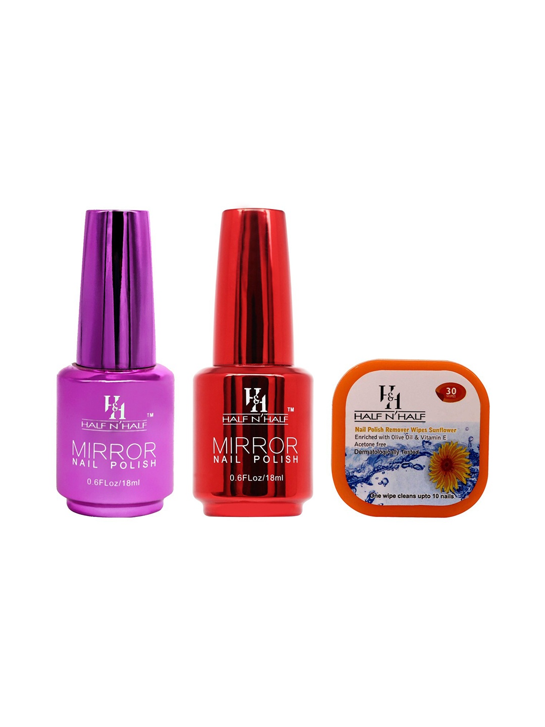 

Half N Half Set of 3 Nail Polishes & Remover Wipes, Multi