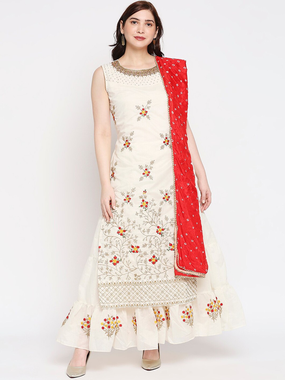 

Women Cream-Coloured & Red Floral Embroidered Cotton Anarkali Kurta with Silk Dupatta