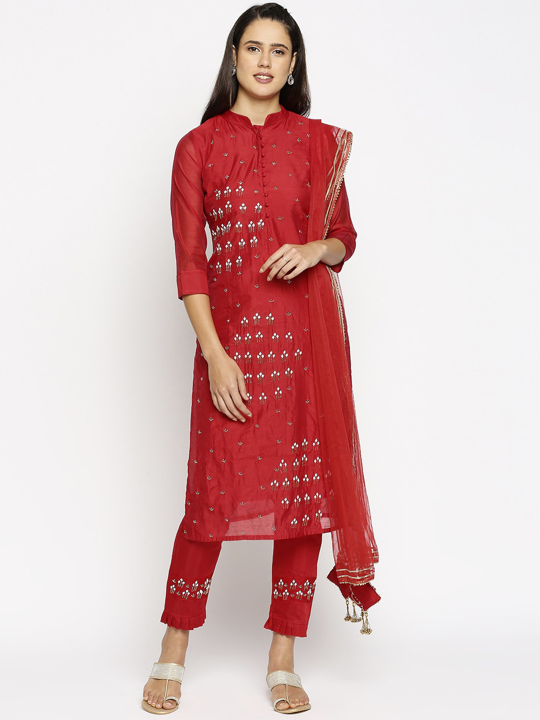 

Women Red Embroiderd Chanderi Silk Kurta with Trouser and Dupatta Set