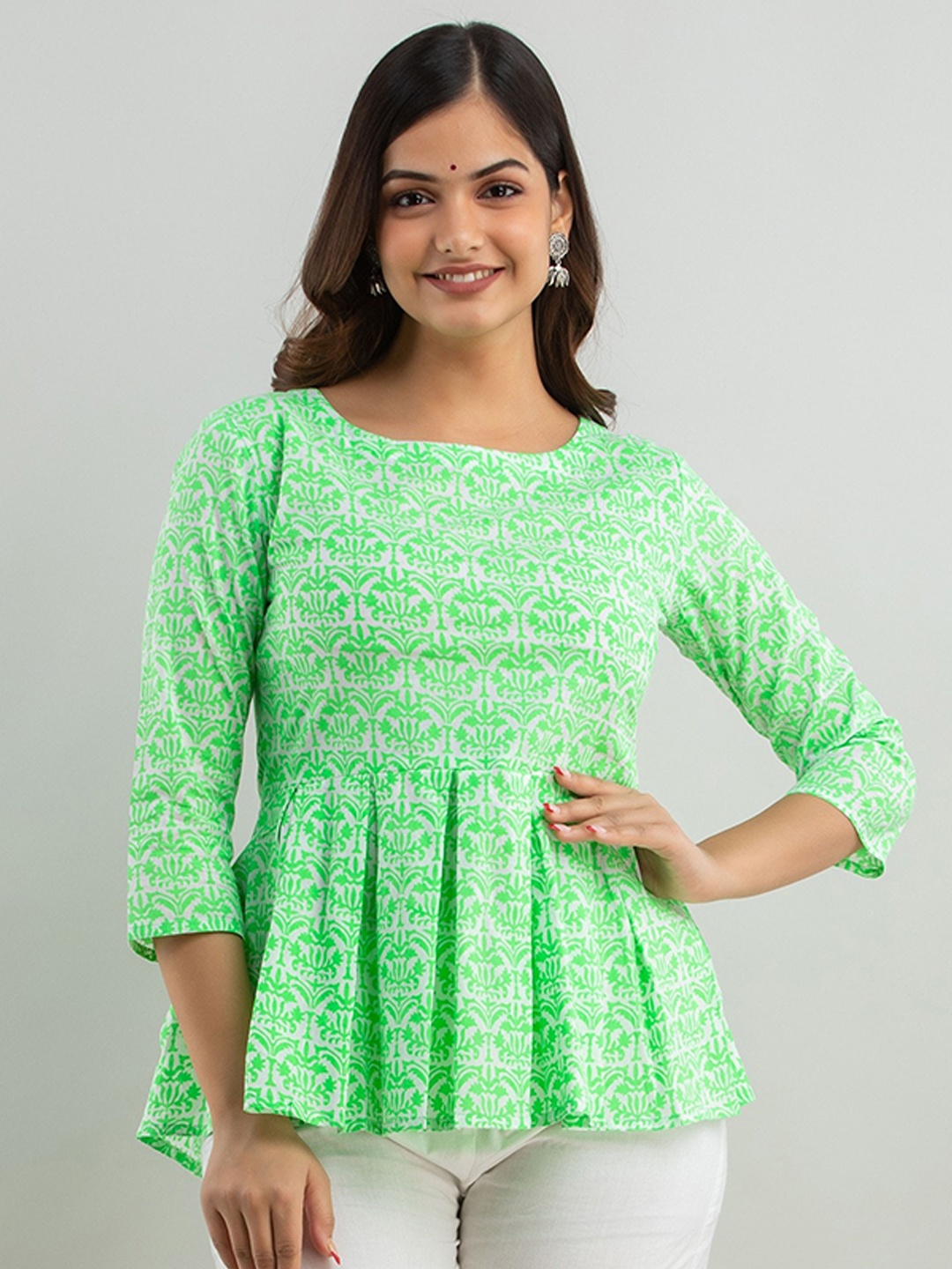

Women Touch Green Ethnic Print Peplum Pure Cotton Top