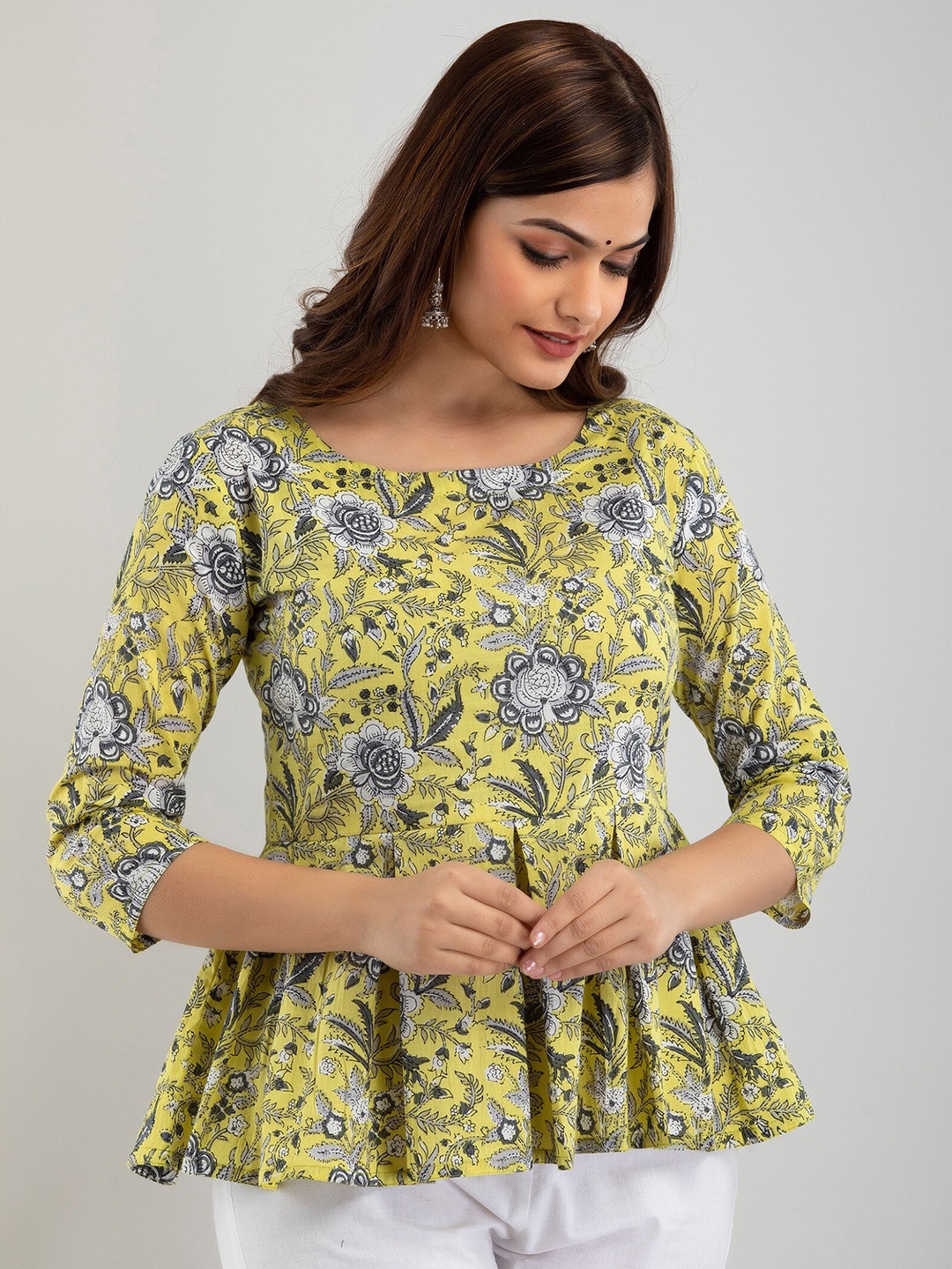 

Women Touch Yellow Floral Printed Pure Cotton Peplum Top