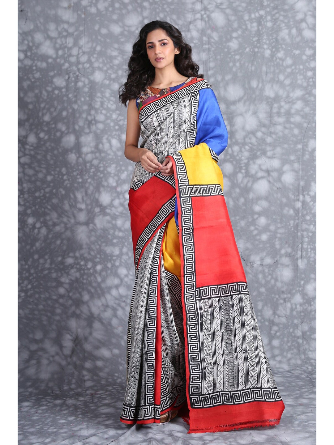 

Charukriti Multi Color Hand Printed Pure Silk Saree