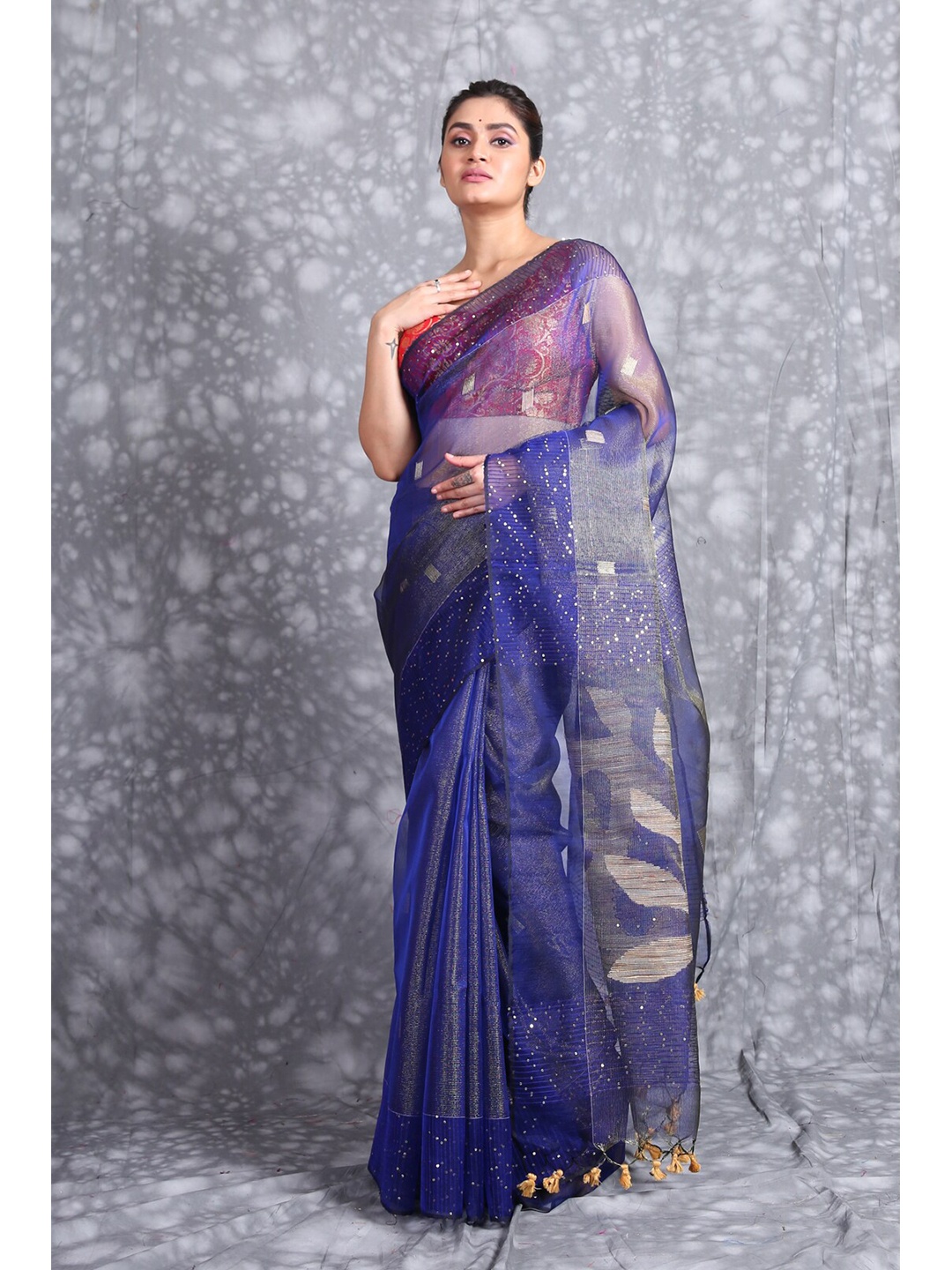 

Charukriti Blue & Gold-Toned Woven Design Sequinned Pure Silk Saree
