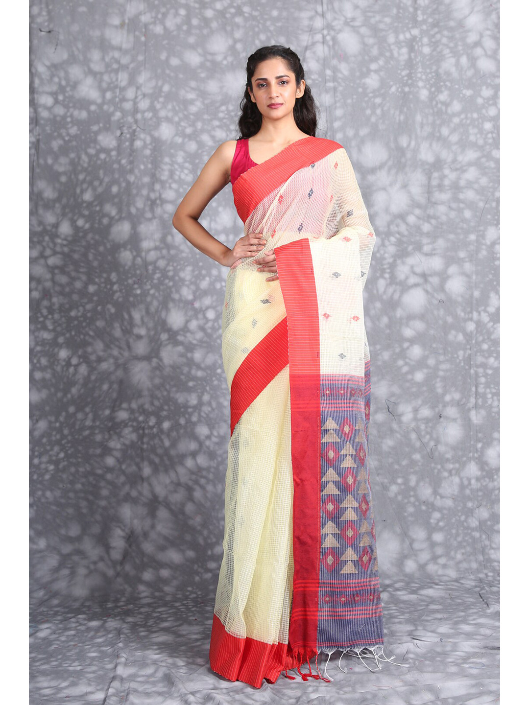 

Charukriti Off-White & Red Pure Silk Saree