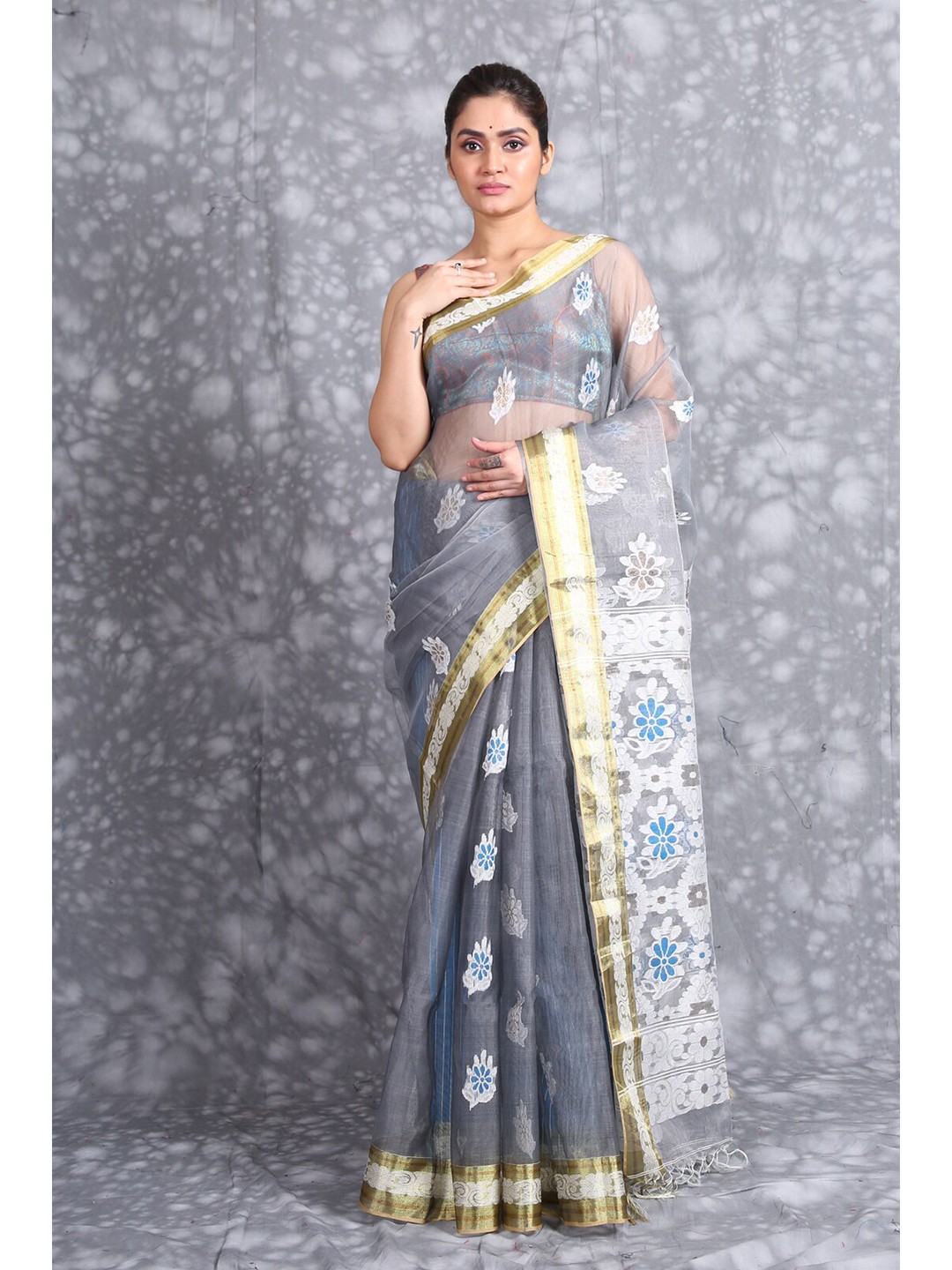 

Charukriti Grey & Blue Woven Design Pure Silk Saree