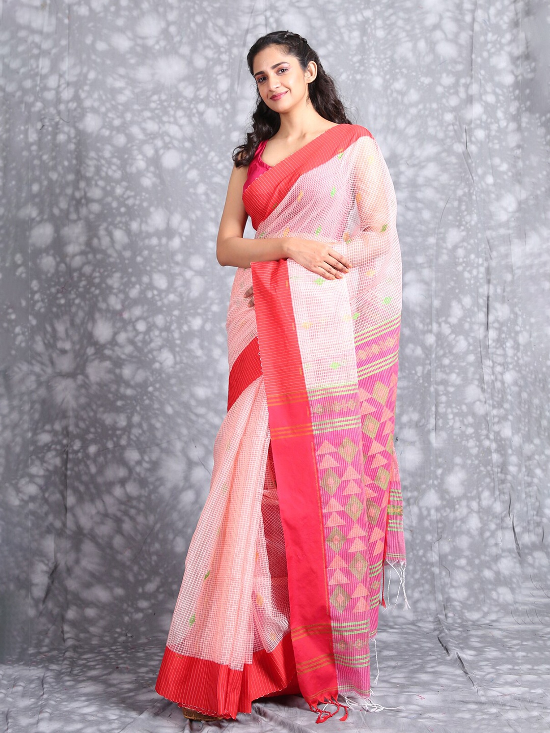 

Charukriti Pink & Red Checked Pure Silk Saree