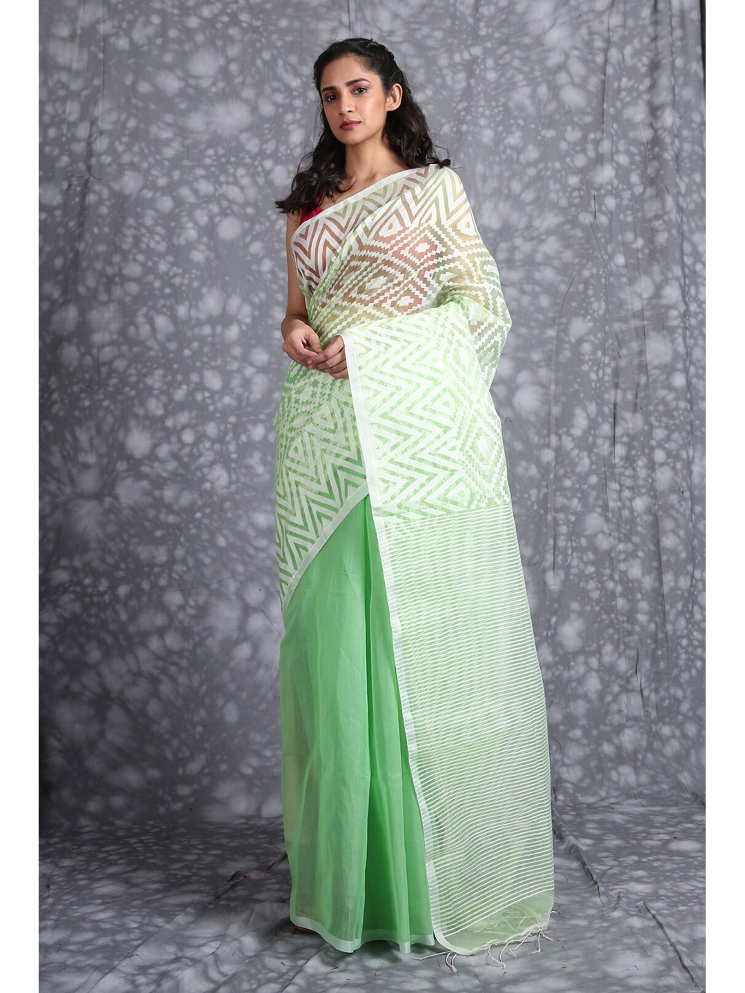 

Charukriti Green Geometric Printed Woven Design Pure Silk Saree