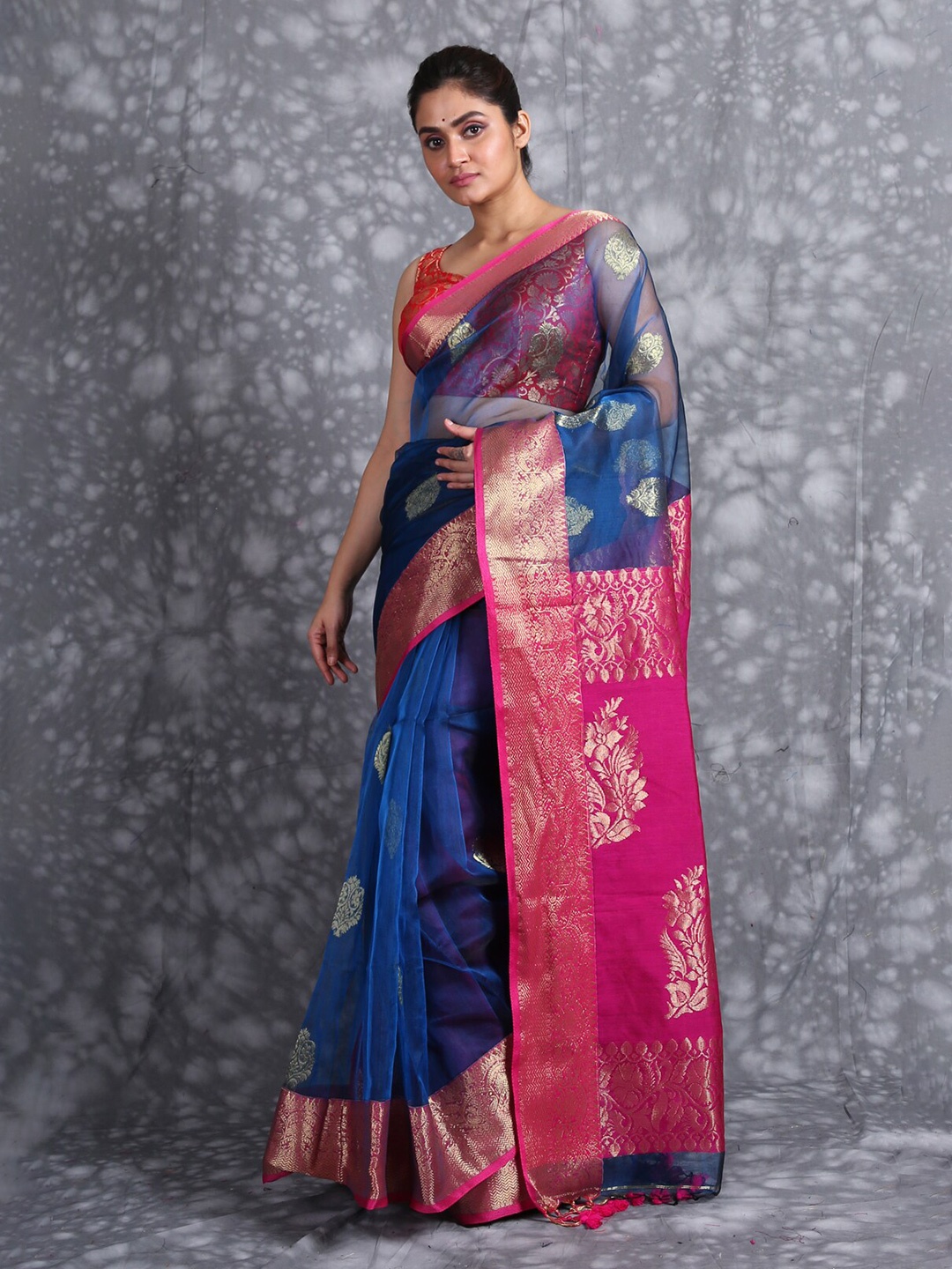 

Charukriti Blue & Pink Ethnic Motifs Zari Pure Silk Saree