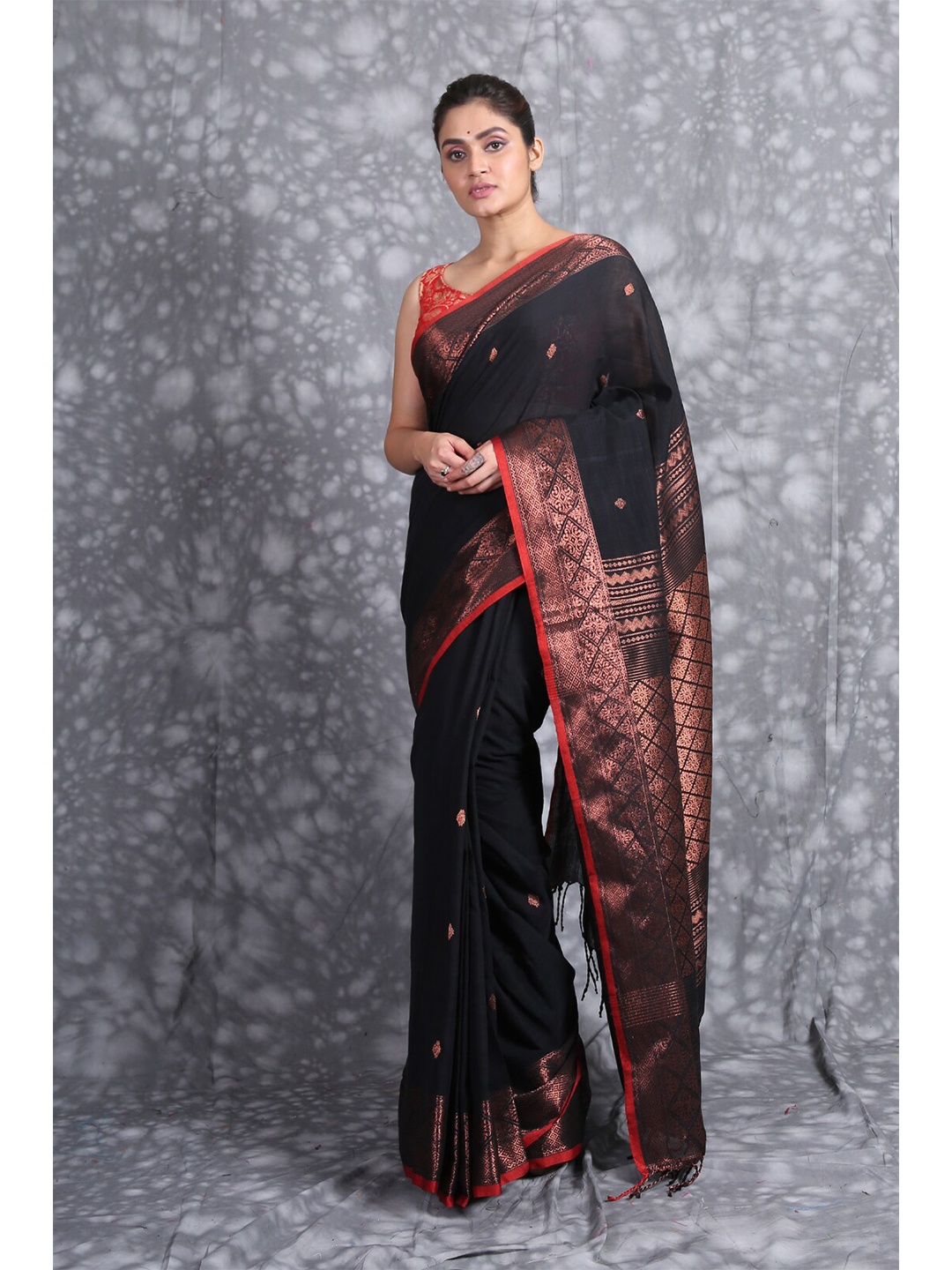 

Charukriti Black & Copper-Toned Woven Design Zari Pure Cotton Saree