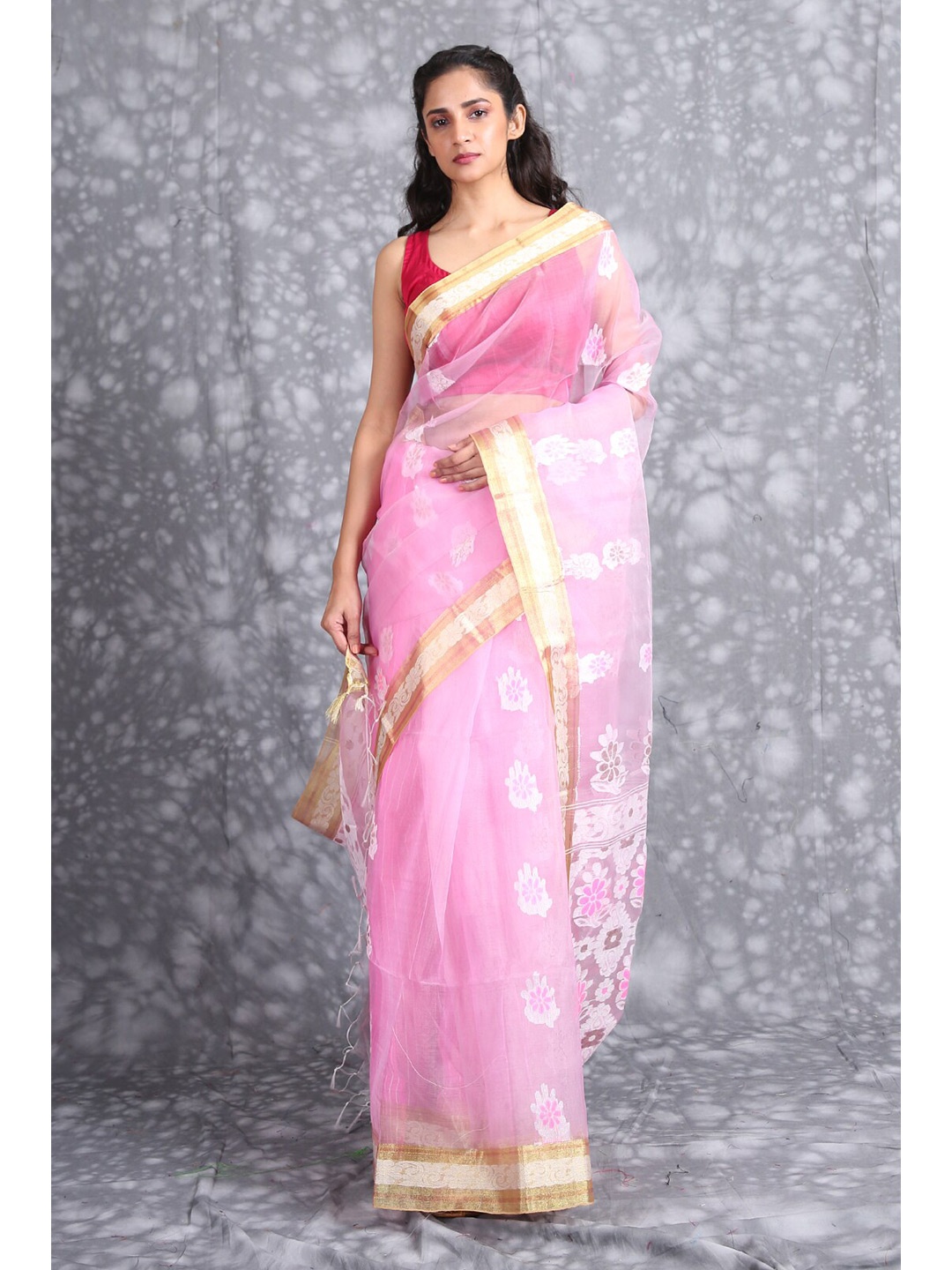 

Charukriti Pink Woven Design Pure Silk Saree