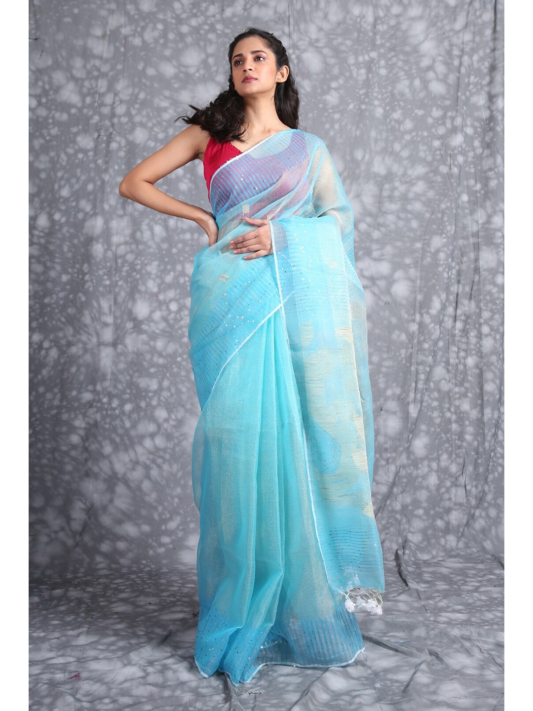 

Charukriti Blue & Gold-Toned Woven Design Sequinned Pure Silk Saree