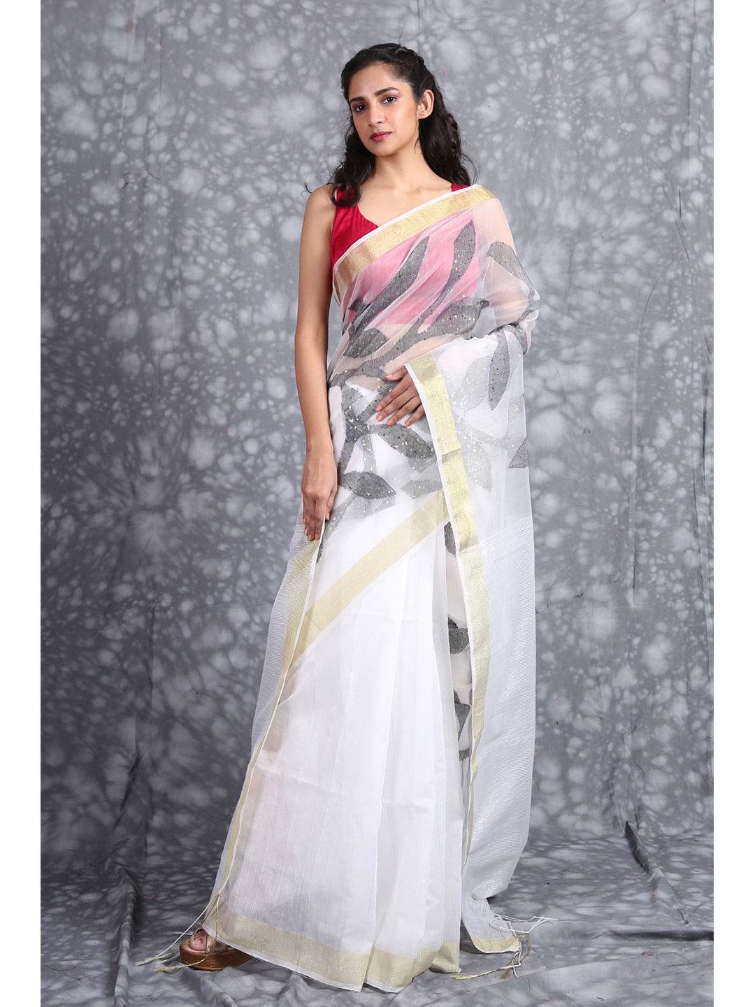 

Charukriti White & Grey Gold-Toned Floral Embellished Pure Silk Saree